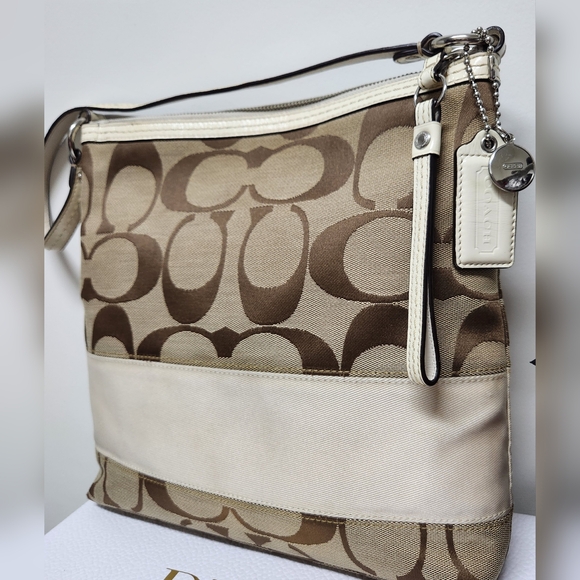 Coach Handbags - COACH Signature Brown/tan Jacquard Canvas and Patent Leather Zip Tote